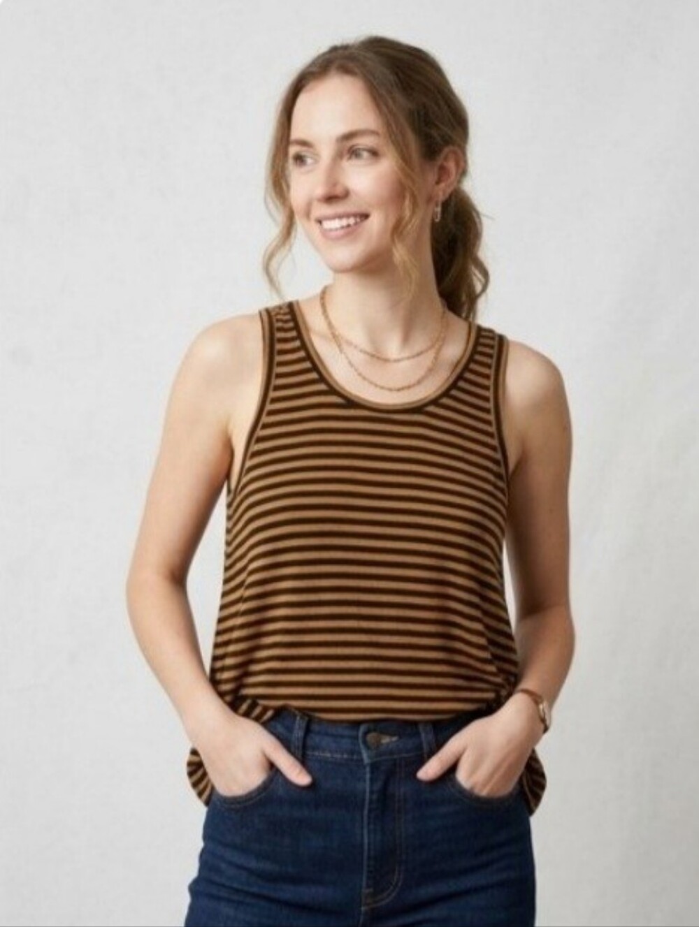 Enza Costa Top, Size XS, Scoop Tank, Brown & Black Stripes, Stretch